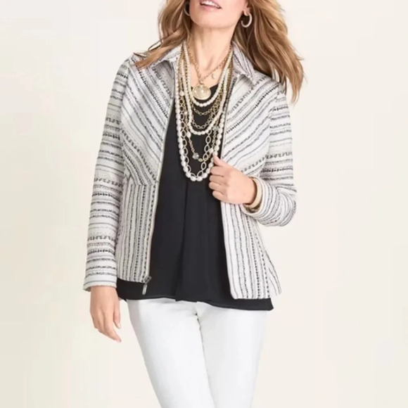 Chico’s Tweed Jacket Size 3 (16-18) Stripped Blazer Zip Closure Side Pockets - Picture 3 of 16